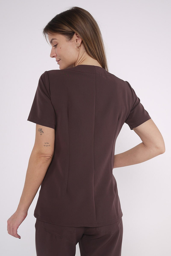 Żakiet medyczny damski zapinany na bok ZA 09, czekoladowy, krótki rękaw, Elegant Stretch