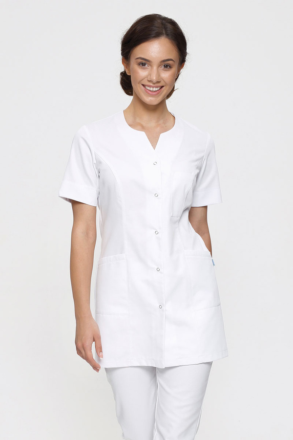 Women's medical lab coat FA 08, white, short sleeve, Premium