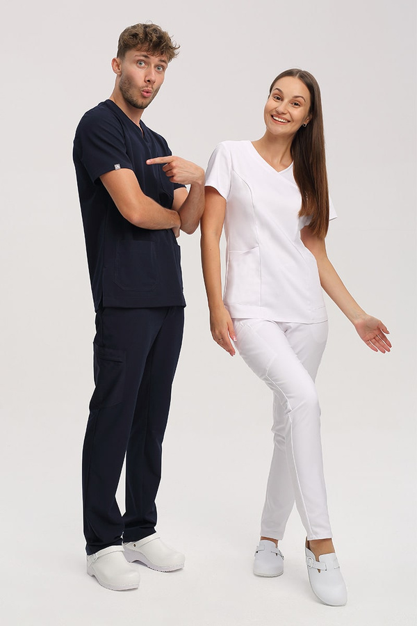 Dopasowana bluza medyczna damska biała BL 62, scrubs Premium Stretch Cotton