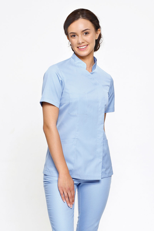 Women's medical jacket with stand-up collar ZA 19, light blue, short sleeve, Premium