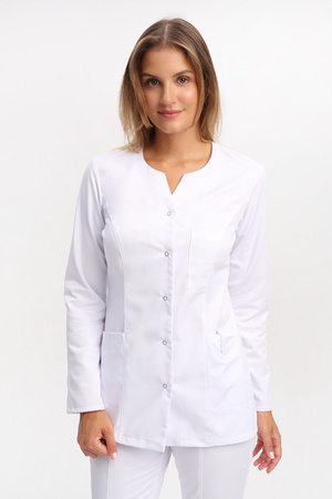 Żakiet medyczny damski biały z uniwersalnym dekoltem ZA 08, długi rękaw, Premium