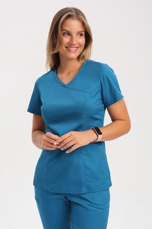 Women's medical scrub top BL 60, dark turquoise, short sleeve, Comfort Stretch