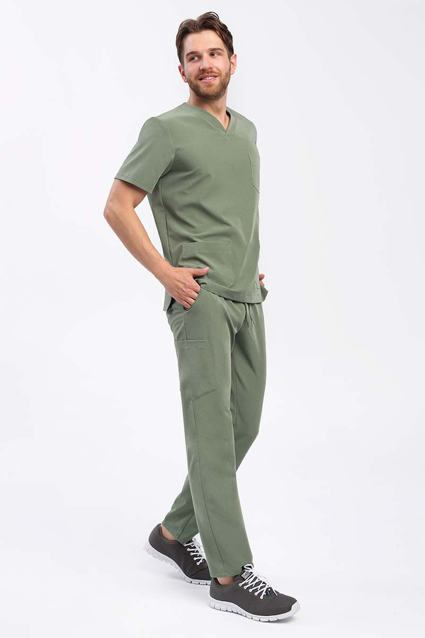 Men's Scrub Top olive green BL 59, short sleeve, Elegant Stretch