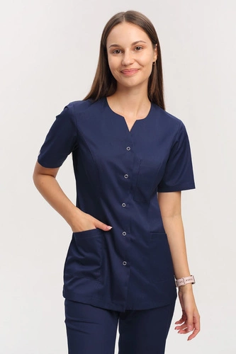 Women's medical jacket with neckline ZA 08, navy blue, short sleeve, Premium