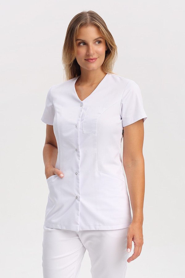 Women's medical jacket with V-neck ZA 10.2, white, short sleeve, Premium