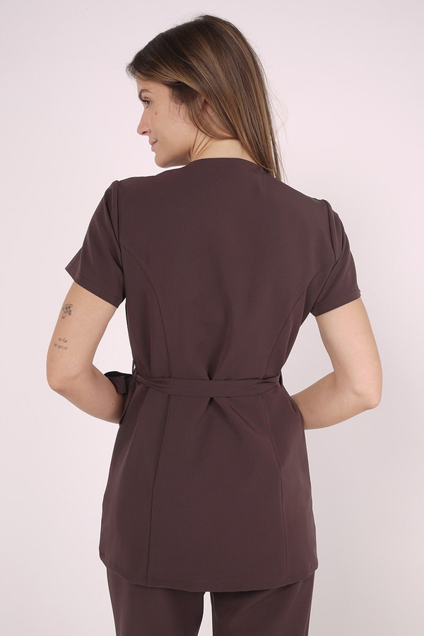 Women's medical jacket with adjustable waistband ZA 15, chocolate, short sleeve, Elegant Stretch