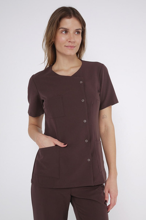 Women's medical jacket with side fastening ZA 09, chocolate, short sleeve, Elegant Stretch