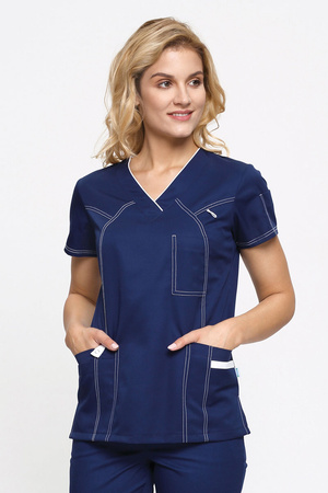 Bluza medyczna damska granatowa z lamówkami i przeszyciami białymi BL 52, krótki rękaw, Premium