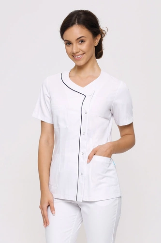 Women's medical jacket with side zip ZA 09 B, white with navy blue details, short sleeve, Premium