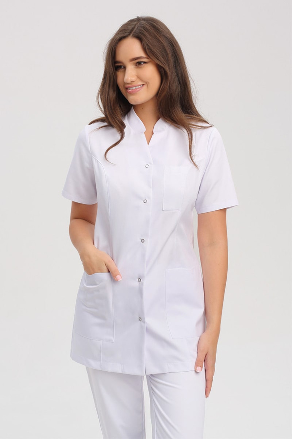 White women's medical lab coat FA 44, short sleeve, Premium Stretch Cotton
