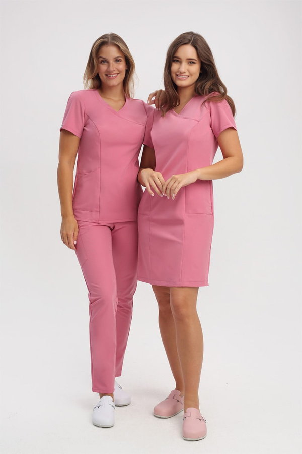 Medical dress SU 62, coral pink, short sleeve, Elegant Stretch