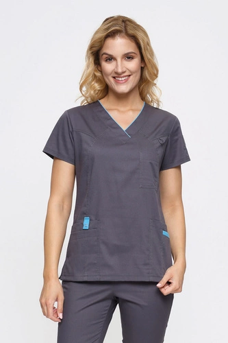 Bluza medyczna damska grafitowa z lamówkami turkusowymi BL 52, krótki rękaw, Premium Stretch
