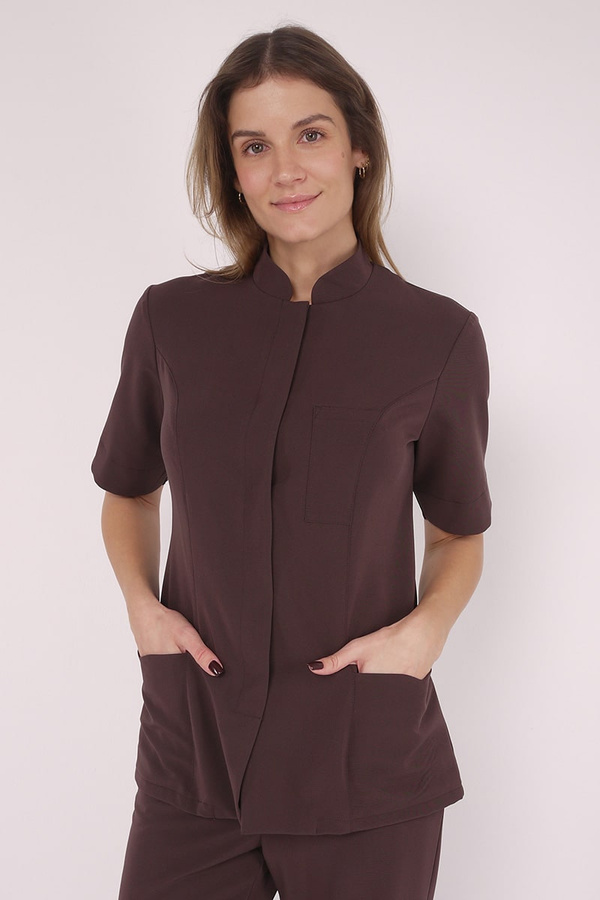 Żakiet medyczny damski czekoladowy ZA 16, krótki rękaw, Elegant Stretch