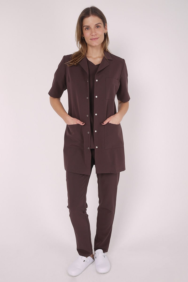 Fartuch medyczny damski czekoladowy FA 41.0, krótki rękaw, Elegant Stretch