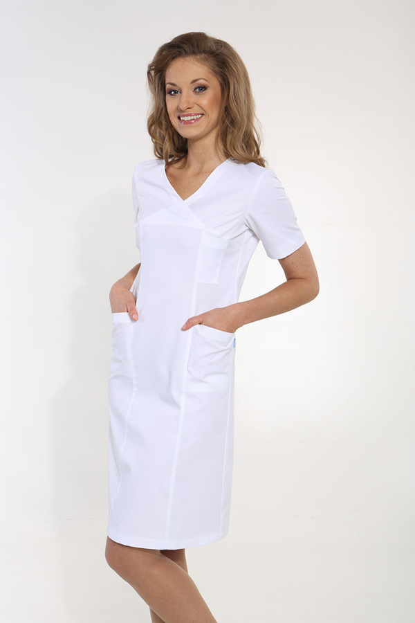 Sukienka medyczna biała SU 34, krótki rękaw, Premium