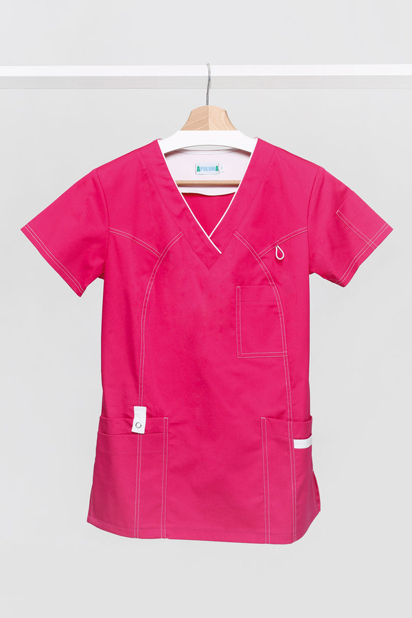 Women's medical blouse BL 52, fuchsia with white piping, short sleeve, Premium