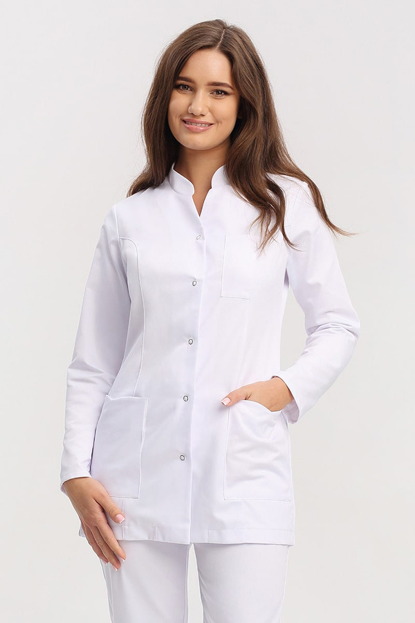 Fartuch medyczny damski biały FA 44, długi rękaw, Premium Stretch Cotton